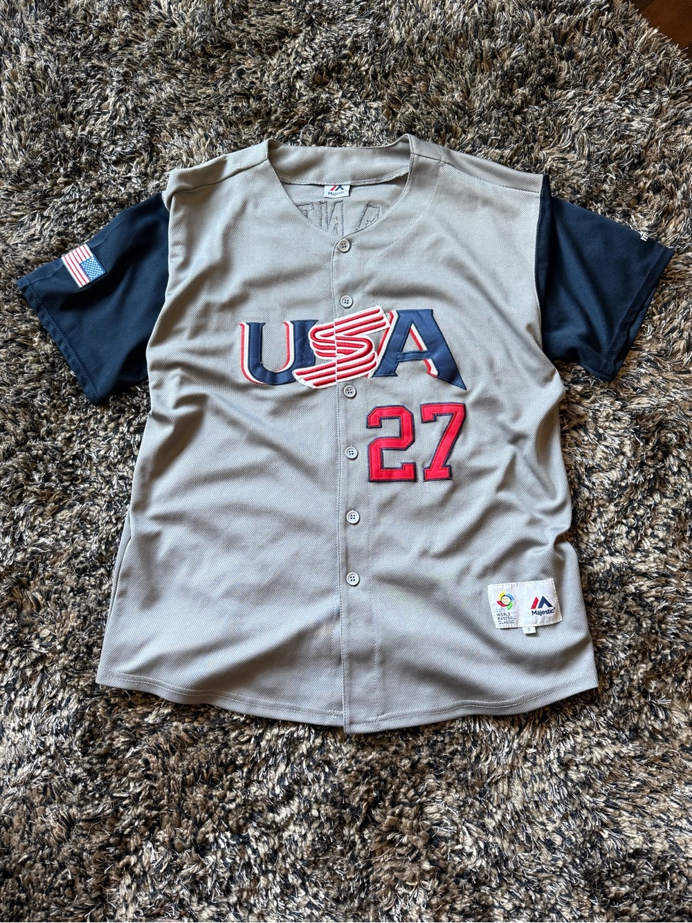 Majestic Gray and Navy USA Baseball Jersey with Red 27